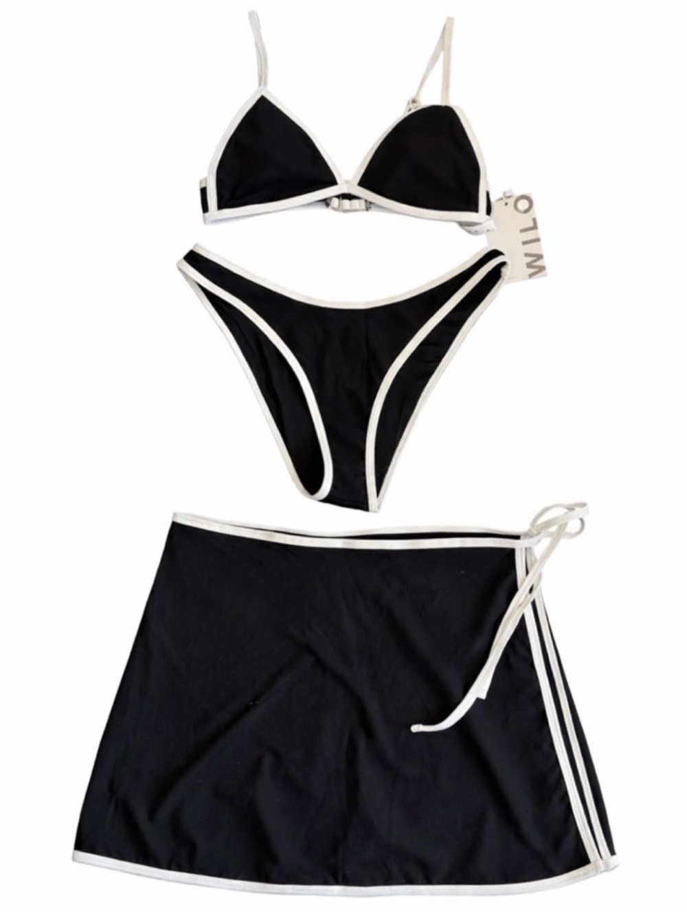 Black & White Contrast Triangle Bikini Set with Wrap Skirt - Picture 9 of 10